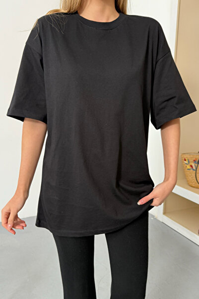 GİYSA Kadın Bisiklet Yaka Oversize %100 Pamuklu Basic T-Shirt Siyah - 26Y 26501