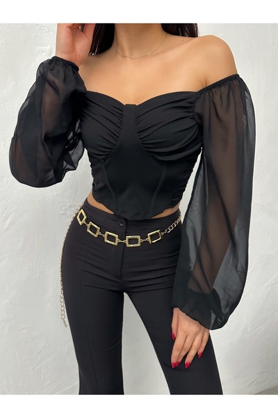 QUTTA Women's Black Madonna Collar Chiffon Blouse with Ruffled Sleeves and Di...