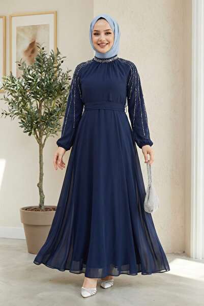 Hb Harma Time Butik Women's Stone Embellished Lined Navy Blue Chiffon Hijab D...