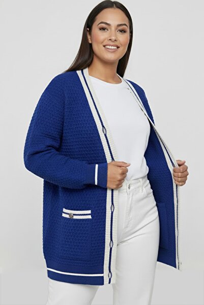 By Saygı Women's Button-Front Double-Pocket Striped Plus Size Knitwear Cardigan