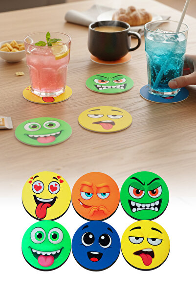 omilife مجموعة من 6 قواعد أكواب خشبية مطبوعة بوجوه إيموجي مرحة - قواعد أكواب ...