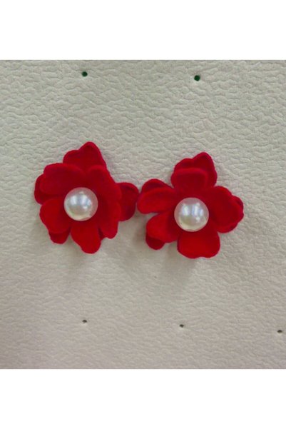 zerzembe Red Velvet Flower Earrings - Medium with Pearls - Velvet Pearl Flower Gift