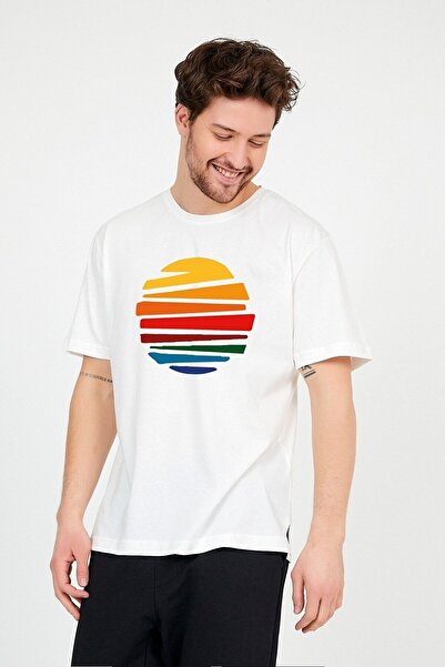 Arwen Fashion Men's Ecru Crew Neck Front Sun Printed Oversize T-shirt