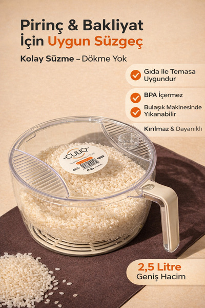 CULIQ Çok Amaçlı Süzgeçli Meyve Sebze ve Pirinç Yıkama Kabı Kırılmaz 2.5 LT. Bej