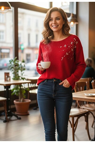 CADDELAMODA Pulover de damă cu decolteu bărcuță și detaliu cu pietre la umăr