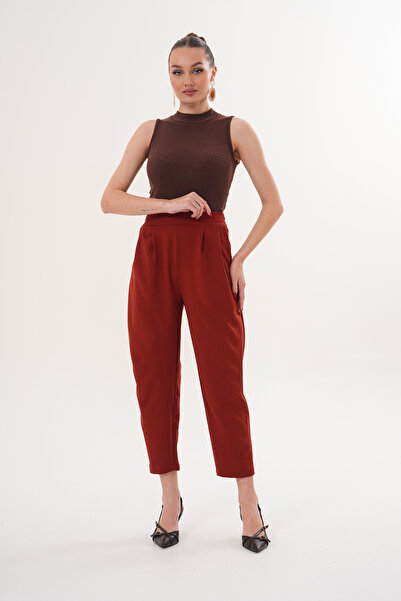 THE WOOW Women's High Waist Pleated Carrot Cut Tile Pants