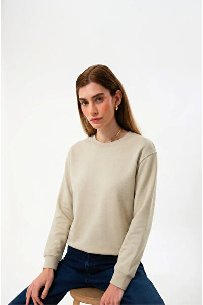 UNIQVIBE Regular Organic Cotton Beige Women's Sweatshirt