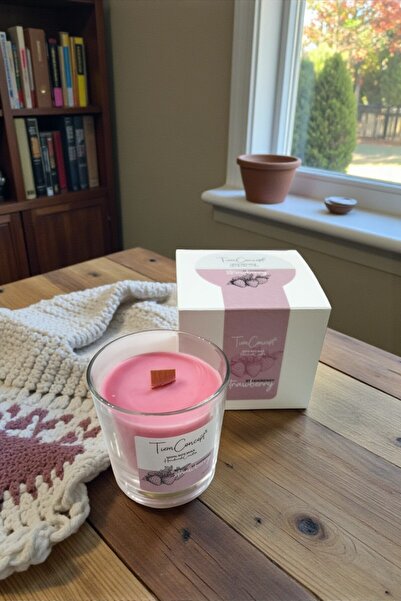 Tiem Concept Çilek Kokulu Ahşap Fitilli %100 Soya Mum - Şeffaf Bardak Kırmızı...