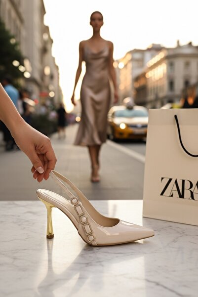 akerler Women's Beige Patent Leather Stone Detailed Imported Evening Dress Sh...