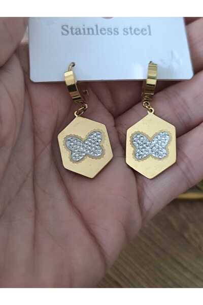 mixify Gold Color Butterfly Figured Stone Steel Dangle Earrings