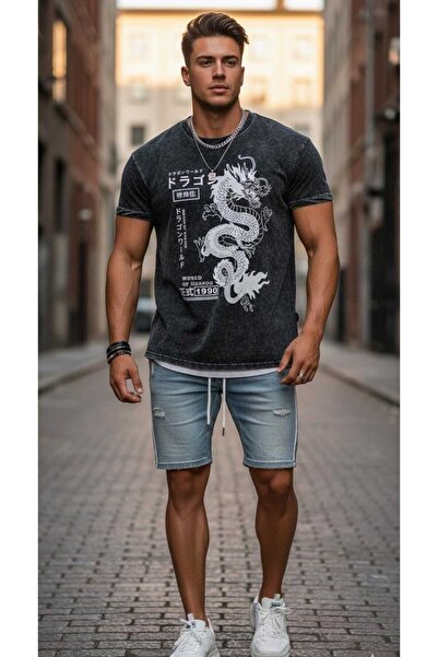 DİVİN Washed Effect Dragon Men's Oversize T-Shirt