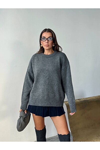 Luna Wear Anthracite Crew Neck Oversized Knitwear Sweater Pinterest Model