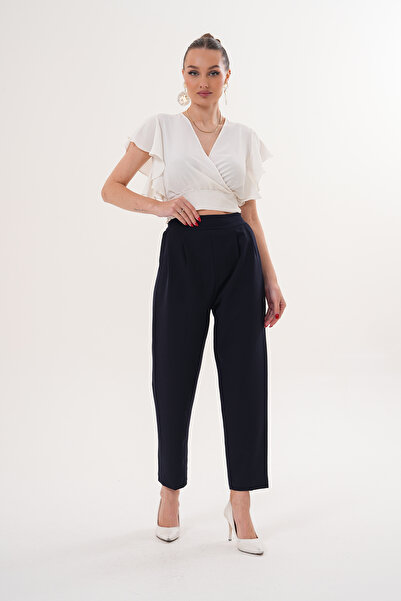 THE WOOW Women's High Waist Pleated Carrot Cut Navy Blue Trousers