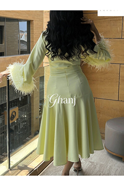 Ghanj Fashion فستان ليموني باكمام ريش