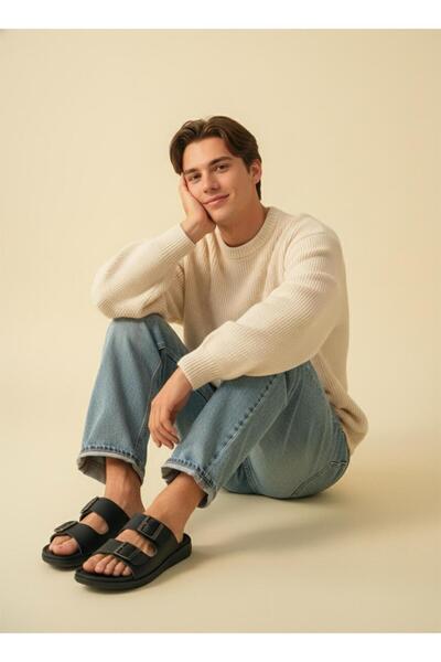 GEZER Two Buckle Adjustable Men's Faux Leather Slippers Suitable for Black We...