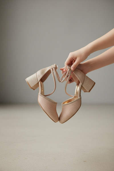 Adım Dünyası Women's Beige Glittery Short Block Heel Ankle Strap Stylish Even...