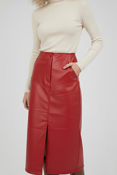 strivex Slit Detailed Pocketed Soft Textured Faux Leather Red Pencil Skirt
