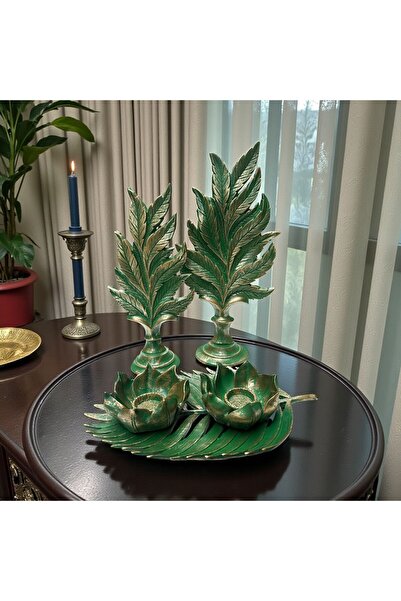 Peramari Dekoratif Polyester İkili Dik Yaprak Ve İkili Çınar Mumluk Takımı Ye...