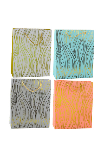 Three top online Pungă cadou din hârtie cu linii ondulate, aurie, 32 x 26 x 1...