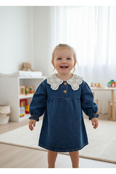 Miniminnakkidswear Kız çocuk beyaz dantel yaka kot elbise