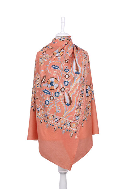 Bursa İpek Salmon Full Embroidered Suzani Wool Shawl