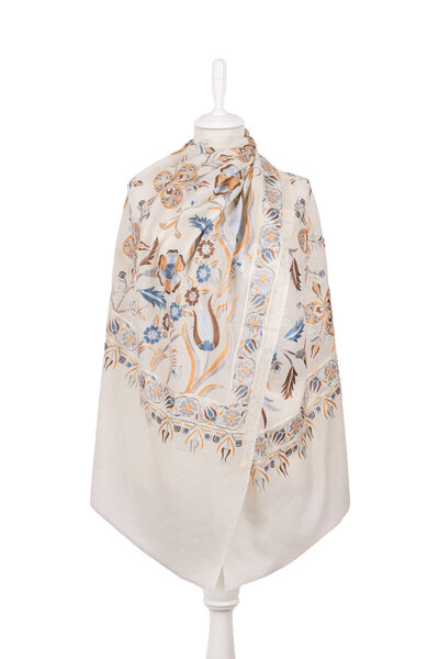 Bursa İpek Ecru Fully Embroidered Suzani Wool Shawl