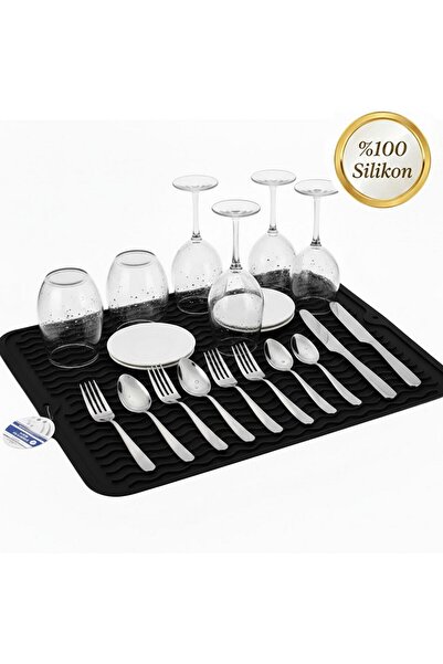 Neler Geldi Neler SİYAH 40x30cm %100 Silikon Bulaşık Kurutma Matı Bulaşık Alt...