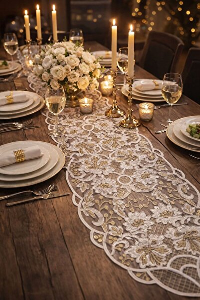 Esteks Dantel ve Tekstil Aksesuarları Gold İşlemeli Lüks Fransız Dantel Runne...