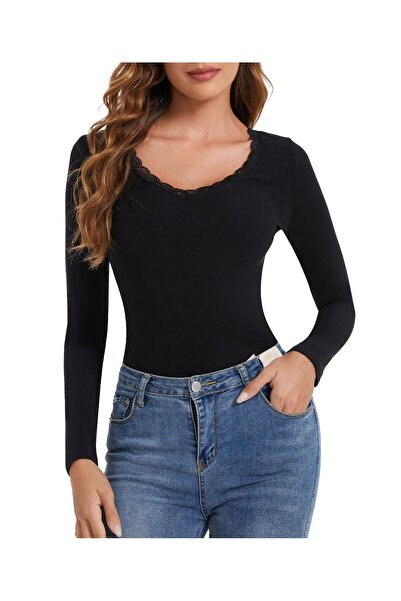 Amoretu CARCOS women's T-shirt, long sleeve, lace V-neck, casual, black, M