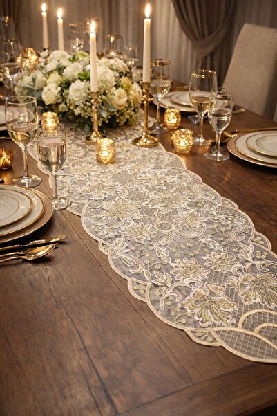 Esteks Dantel ve Tekstil Aksesuarları Gold Embroidered Luxury French Lace Run...