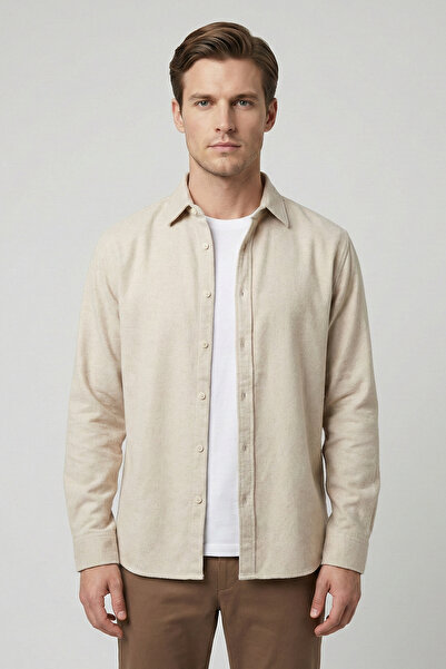 Sabri Özel Bej Regular Fit Pamuklu Uzun Kollu Düz Oduncu Gömlek