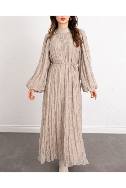 Modamorfo فستان مودال مبطن من الداخل بأكمام مطاطية - بيج