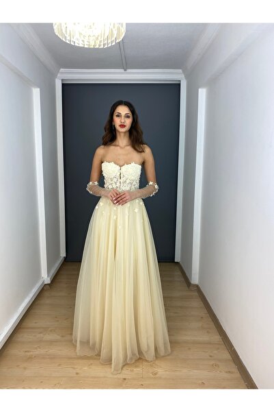 gökkuşagı moda Şampanya Straplez Çiçek İşli Eldiven Detaylı Nişanlık Abiye El...