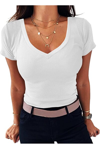 Trendimax Women s T-Shirt Ribbed Slim Fit Basic Tee Shirts V Neck Short Sleev...