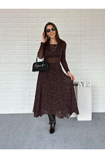 Femella Women Fashion Flog Patterned Flared Skirt with Elastic Waist