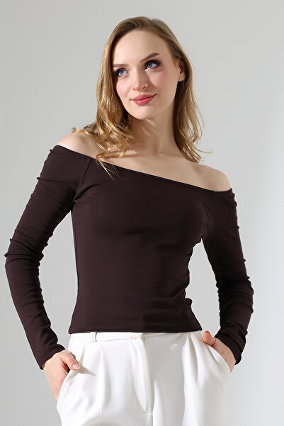ModaPlaza Дамска блуза с дълъг ръкав, деколте тип лодка и открити рамене 22141