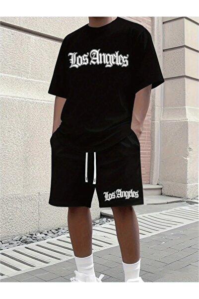 PAVRO Set pantaloni scurți oversize unisex, set de două piese, casual, cu imp...