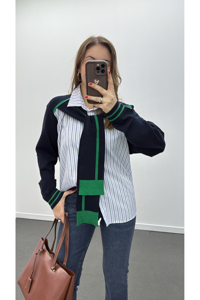 Narferita Claudia Lacivert Yeşil Gömlek Mix Triko