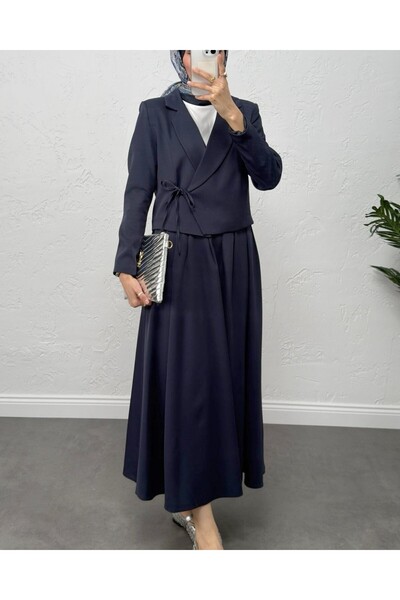 Modamorfo Tie-Front Skirt and Jacket Double Set - Navy