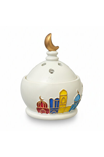 glitters مبخرة بخور رمضانية، بتصميم فانوس مزخرف مع وعاء ذي حبيبات خشبية وداخل...