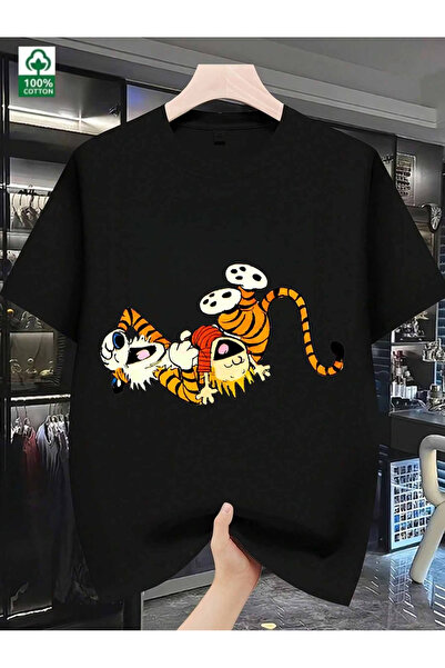 Flow touch تي شيرت مطبوع كبير الحجم للجنسين باللون الأسود