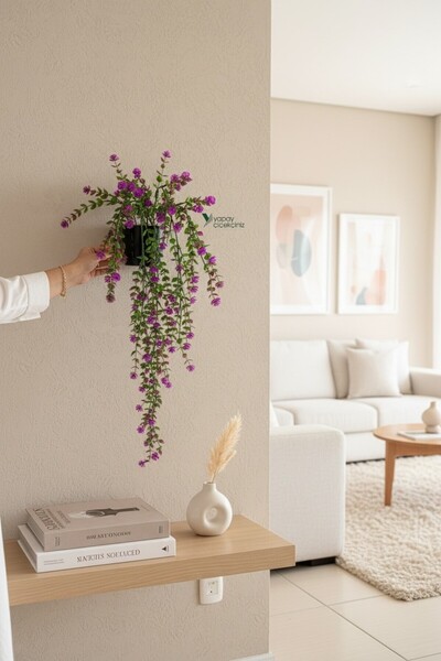 YAPAY ÇİÇEKÇİNİZ Siyah Renkli Saksıda 60 cm Yoğun Yapraklı Lila Renkli Yapay ...