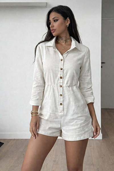 Rora Women's Linen Shorts Jumpsuit |   Buttoned, Long Sleeved, Waist Gathered...