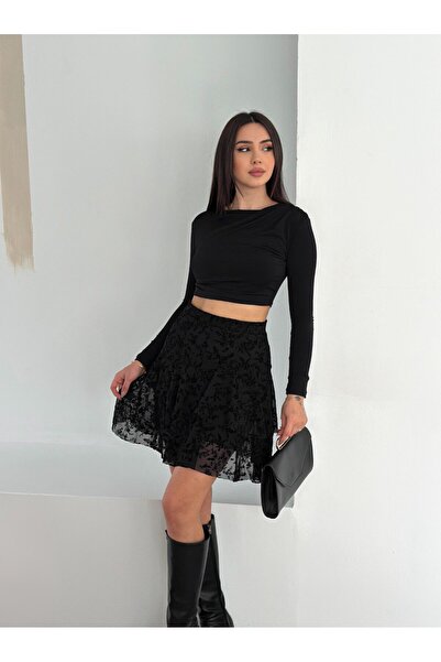 MİSPİER Flocked Printed Tulle Lined Mini Skirt