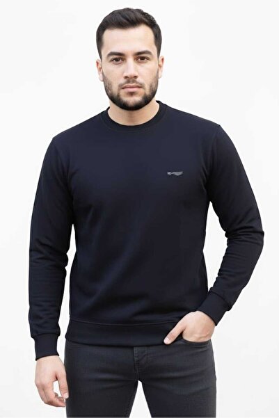 zeyra Men's Navy Blue Long-Sleeved Embroidered Crew Neck Sweatshirt