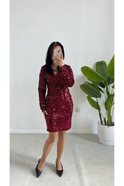 Pera Sequin Double Breasted Dress - Burgundy