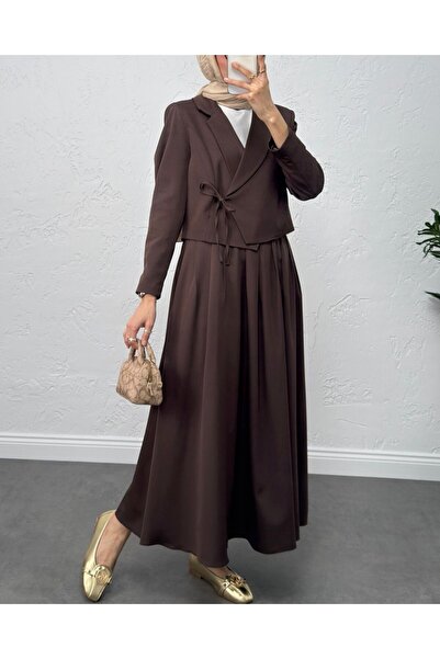 Modamorfo Tie-Front Skirt and Jacket Two-Piece Set -K. Coffee