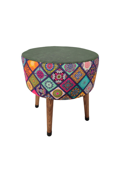 ustaagac Renkli Mandala Desenli El Yapımı Puf – Ahşap Ayaklı Dekoratif Oturma...
