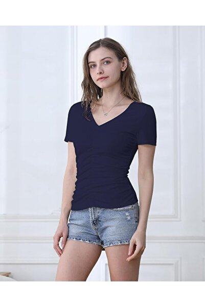 COOFANDY Women's T-shirt, Comfortable, V-neck, Pleated, Slim Fit, Size L