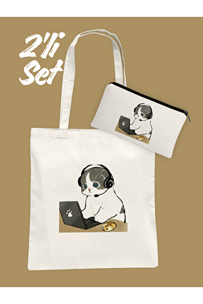 Hayali Şeyler Kulaklıklı Laptop Kullanan Sevimli Kedi Desenli Bez Çanta ve Ka...